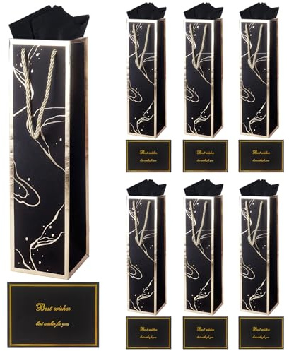 6 Pack Wine Gift Bag Set with Tissue Paper & Card, 34.7× 9.5× 9.5 cm Black Wine Bottle Bags