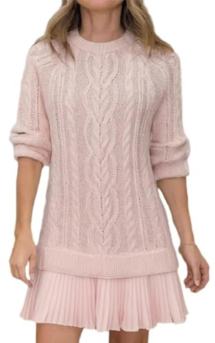 Women Cable Knit Sweater Dress, Women Crewneck Cable Knit Sweater Mini Dress, Sweater Dresswith Pleated Skirt (Pink,L)