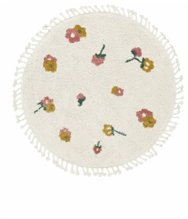 RugVista Linnea Kinderteppich, Ø 150 cm, Off Weiß/Multi | Moderne, Rund, Niedriger Stapel, Nur chemische Reinigung, Oeko-Tex 100, Ohne gefährliche Chemikalien, Kinderzimmer