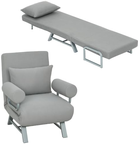 HOMCOM 3-in-1 Schlafsessel mit Bettfunktion Zierkissen 188 cm Hellgrau | Schlafsofa, Klappbarer Relaxsessel mit verstellbarer Rückenlehne, Liegestuhl, Zylindrischen Armlehne, Leinenoptik
