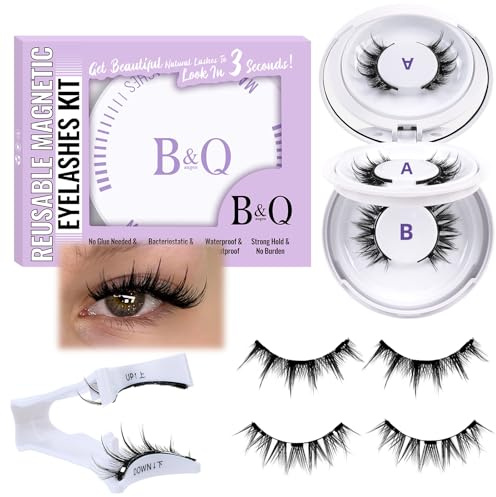 B&Q Magnetic Eyelashes Natural Look 2 Pair Magnetic Lashes with Applicator Upgrade Soft Magnetic Manga Lashes Clusters Kit Magnetics False Eyelashes 3 Magnet Strips for Strong Hold Easy to Apply(A+B)