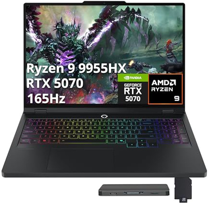 Lenovo Legion Pro 5 16 WQXGA 165Hz Gaming Laptop, AMD Ryzen 9 9955HX, NVIDIA GeForce RTX 5070, 32GB DDR5, 3TB Storage (2TB SSD+1TB Docking Station Set), RGB Backlit Keyboard, Windows 11 Pro, Black
