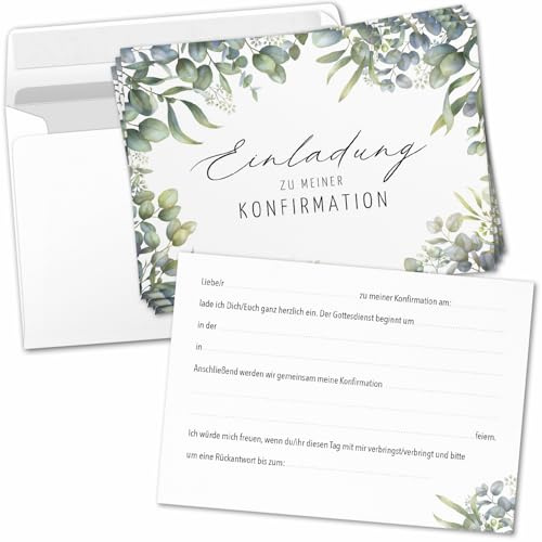 16 Einladungskarten Einladung Konfirmation mit Umschlag zum selber ausfüllen - Kirche Konfi Einladungen Postkarten Umschläge Modern Eukalyptus Edel
