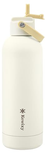 KEWIXY Stainless Steel Water Bottle with Straw, Cold 24Hrs/Hot 12Hrs, Insulated, Double Walled Metal Vacuum Flask, Leak Proof, Fits Cup Holders, for Travel, Gym, Work (500ml, Pale Ivory)