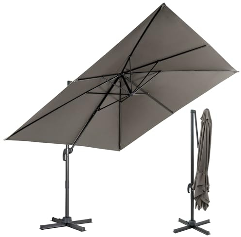 SFAREST 3M Cantilever Parasol, 3 Positions Adjustable Sun Shade Parasol with Crank Handle, Cross Base & 360°Rotation, Outdoor Heavy Duty Overhanging Umbrella for Backyard Poolside Lawn (Gray)