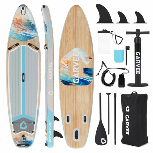 GarveeMore Tabla de Paddle Surf Hinchable 86CM Ancho Estable – Sup de PVC con Alta Capacidad de Carga 158KG – Ideal para Principiantes y Yoga Acuático – Incluye Remo, Bomba y Mochila