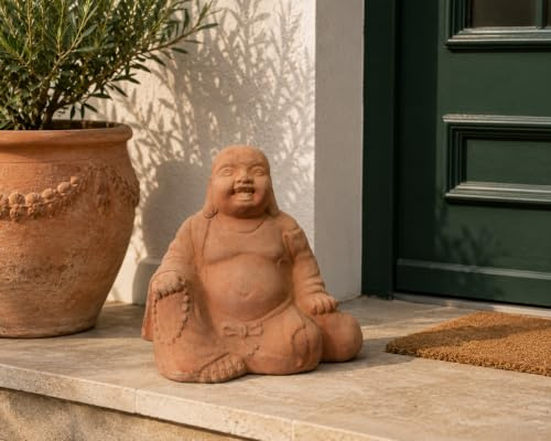 Terracotta Buddha Figur 20 cm handgefertigt – Sitzende Buddhastatue Gartendeko für Garten Terrasse Balkon Yoga Feng Shui Meditation