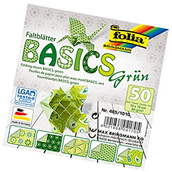 folia 465/1010 - Faltblätter Basics grün 10 x 10 cm, 80 g/qm, 50 Blatt sortiert in 5 Motiven - ideal für wunderschöne Faltfiguren und -formen