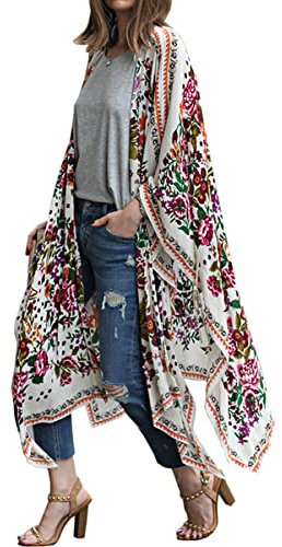 Hibluco Women's Long Floral Kimono Cardigan Long Blouse Sheer Shirt Loose Tops Swimwear