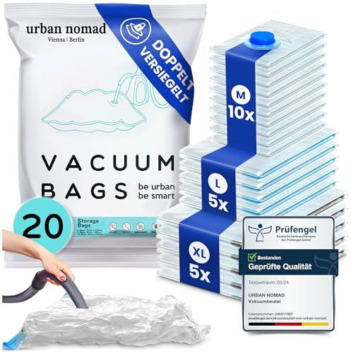 Vakuumbeutel Kleidung 20er Set 3 Größen - Vakuum Beutel für Staubsauger Wiederverwendbar 100% Dicht & Robust | Reise Kompressionsbeutel Kleiderbeutel Aufbewahrungsbeutel Vakuumtüten Kleidersack XL