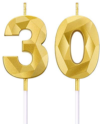 30. Geburtstag Nummern Kerzen 3D Rautenform Kuchen Kerzen Gold Glänzend Zahl 30 Kuchen Topper Dekoration für Geburtstag Hochzeit Jubiläum Feier, Gold