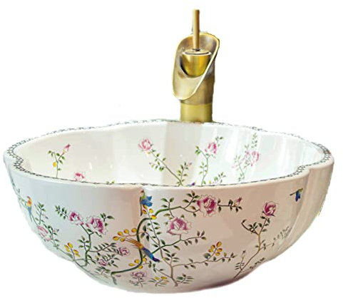 Fregadero de cerámica artística con forma de flor y patrón de pájaros, lavabo de baño, lavabo, lavabo, 1 fregadero