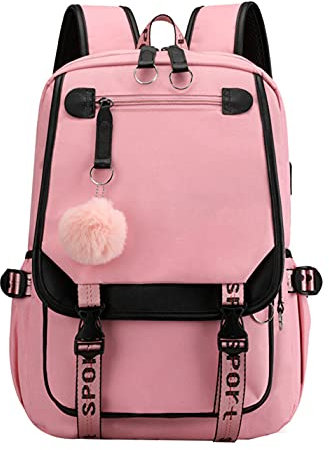 SellerFun Teenage girls' Backpack Middle School Students Bookbag Outdoor Daypack With USB charge Port (4# Pink Black, 21 Liters)