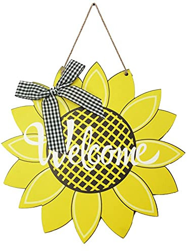 CREATCABIN Letrero de Madera de Bienvenida con Girasol Placa de Madera Impresa Tablón Rústico Granja Arte de Pared Decoraciones Colgantes para Entrada Hogar Inauguración de la Casa Dormitorio Sala