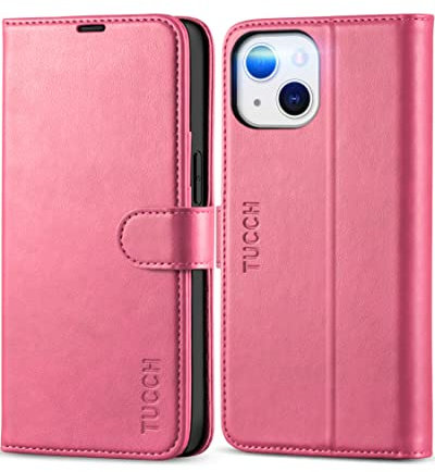 TUCCH Case for iPhone 13 (6.1) 2021 5G, Magnetic PU Leather Wallet Phone Case with [Viewing Stand] Flip Folio Cover[Shockproof TPU][RFID Blocking][Card Holder] Compatible with iPhone 13, Hot Pink