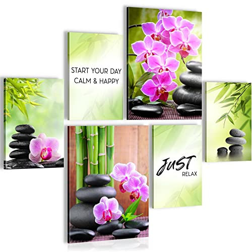 Novart- Tableau Décoration Murale- Feng Shui- Decoration Chambre Salon- Prêt à être Accroché- 6 Cadres 30x40 & 20x30 cm- Vert- N003463a