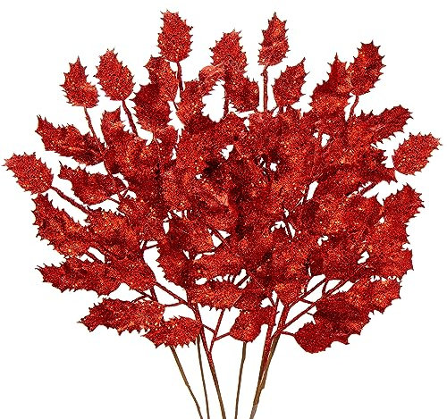 6PCS Kunstzweig Weihnachtsdeko Kunstpflanze Weihnachtsblätter Zweig Glitzernde Eichenblätter Dekozweig mit Glitzern, Länge 58CM