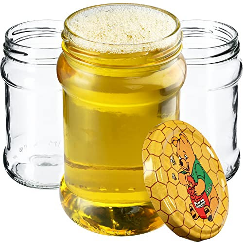 KADAX 50st Einmachgläser 315 ml mit fi66 mm Schraubdeckel für Honig, Dessert, Marmeladen | Luftdichte Gläschen, Einmachglas, Rundgläser, Konfitürengläser, Honiggläser (50 Stück, Winnie Puuh)