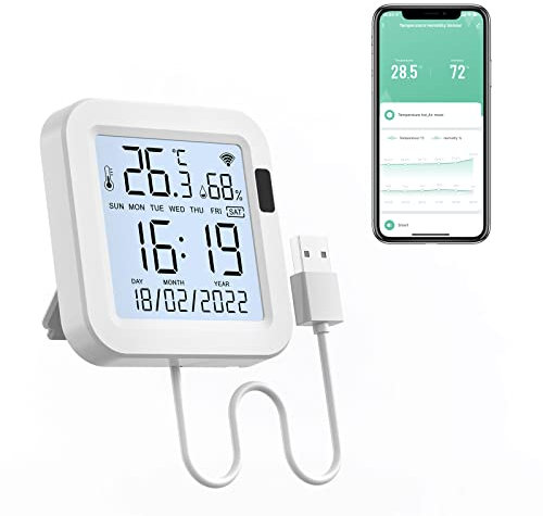 eMylo WiFi Thermometer Hygrometer Innen, Tuya Raumthermometer wlan Temperatursensor mit Smart App, LCD Bildschirm Digitales Thermo-Hygrometer für Raumtemperatur, Keller, Babyzimmer (8cm*8cm)