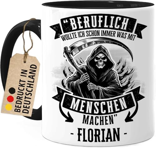 Tassenliebling® Schwarzer Humor Tasse personalisiert mit Sensenmann - Schwarz - Ich wollte immer was mit Menschen machen - Lustige Spruchtasse fürs Büro - Totenkopf Geschenke