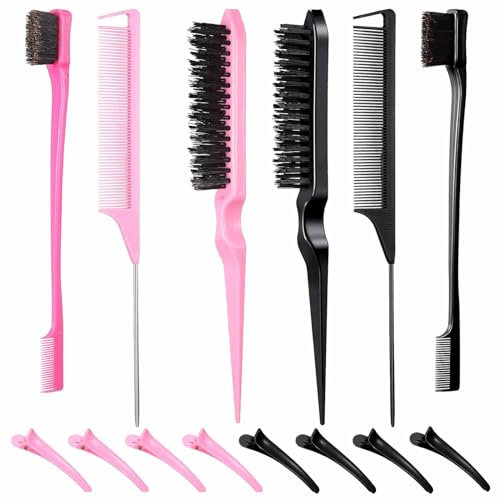 Lot de 6 brosses à crêper Sleek Bun - Avec 8 clips en bec de canard (rouge rose + noir) - Convient pour les femmes et les filles (noir + rose)