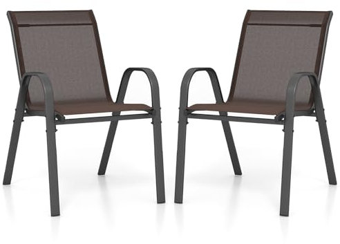 COSTWAY 2er Set Gartenstühle stapelbar, Stapelstühle aus Textilene und Metallgestell, Terrassenstühle mit Armlehnen, Balkonstühle bis 150 kg belastbar, 56 x 70 x 84 cm (Braun)