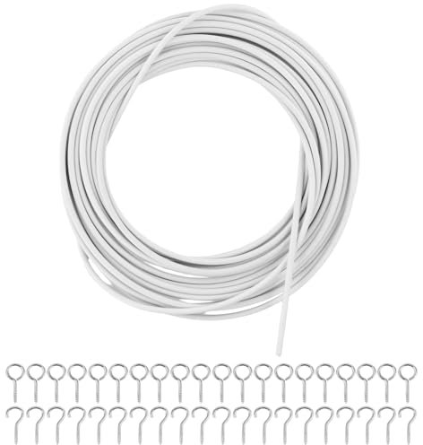 QWORK® 10m Cable pour Rideaux, Blanc Fil De Rideau, Corde À Rideau Plastifiée, avec 20 Pièces Oeillets À Vis Et 20 Pièces De Crochets