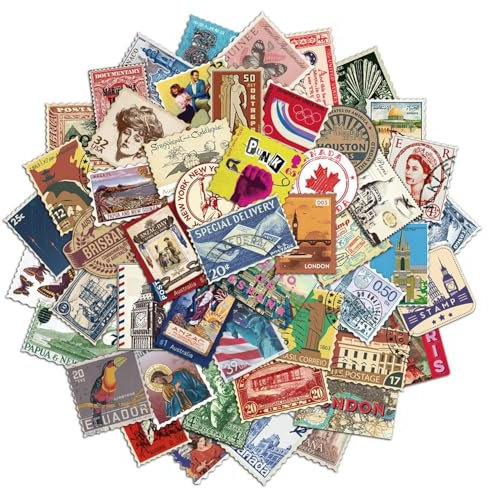 50pcs Vintage Stickers Postage Stamp, Travel Stamps for Scrapbooking Landsmark Waterproof Vinyl Sticker for Luggage, Suitcase, Water Bottle, Laptop, Helmet, Motorbikes, Skateboard, Notebook, Guitar