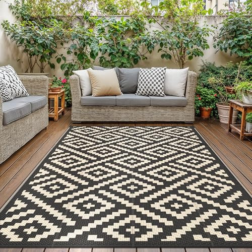GENlMO Outdoor Teppich Wetterfest 180x275cm Picknickdecke Plastik-Strohhalm Matte UV-bestandig Camping Teppich Waschbarer Outdoor Teppiche fur Garten, Balkon,Pool, Deck, Hinterhof, Schwarz & Beige
