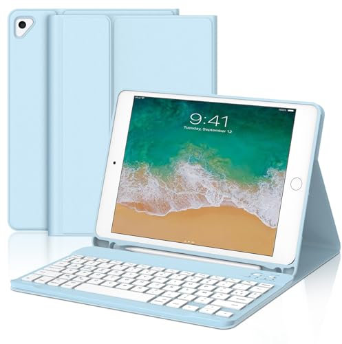 IVEOPPE Coque Clavier pour iPad 6/5 EME Generation/Pro 9.7/Air 2/Air 1 9.7, Étui Keyboard AZERTY Français Layout sans Fil Bluetooth Amovible avec Porte Crayon pour iPad 9.7 Pouces 2018, Bleu Ciel