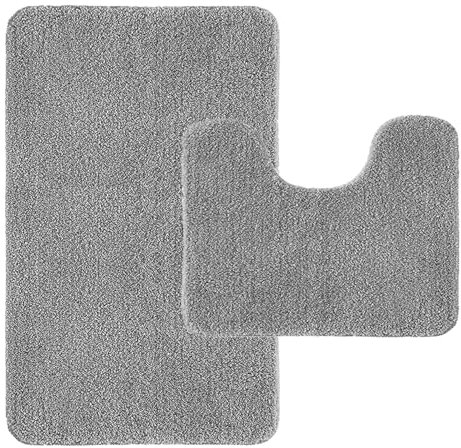 Achiiso Bathroom Mat Sets 2 Piece,Super Absorbent Toilet Mat,Non Slip Bath Mats for Bathroom,Machine Washable Anti Slip Mats,Grey Bath Mat Set(Grey,U40x50cm+50x80cm)