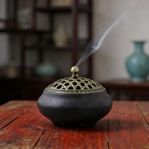 EUBSWA Keramik Räucherschale Vintage mit Metall-Deckel & Feuersicherem Stäbchenhalter – Für Meditation, Wohnzimmer & Büro – Ideal für Yoga-Enthusiasten und Home-Deko-Liebhaber