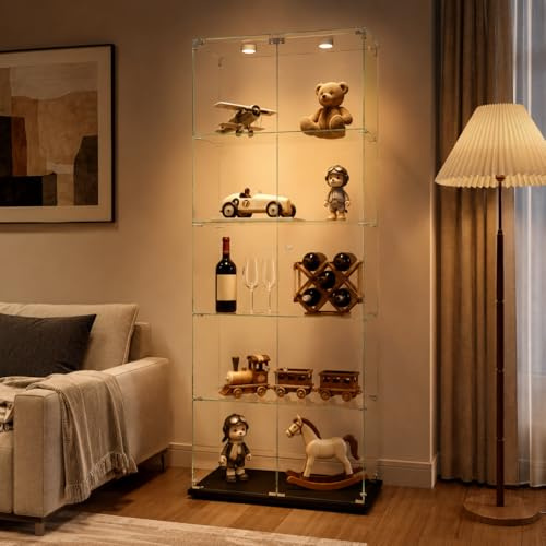 Vetrina in vetro con luci a LED, vetrina in vetro, 5 ripiani, 2 porte, armadietto in vetro, adatto per soggiorno, camera da letto, uffici e bar (nero, 5 livelli, 2 ante + LED A)