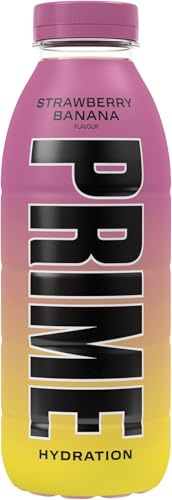 PRIME Hydration Strawberry Banana, Bebidas deportivas, Electrolitos mejorados para reponer líquidos, 250 mg de BCAA, vitaminas B, antioxidantes, bajo contenido en azúcar, 500 ml (Paquete de 6)