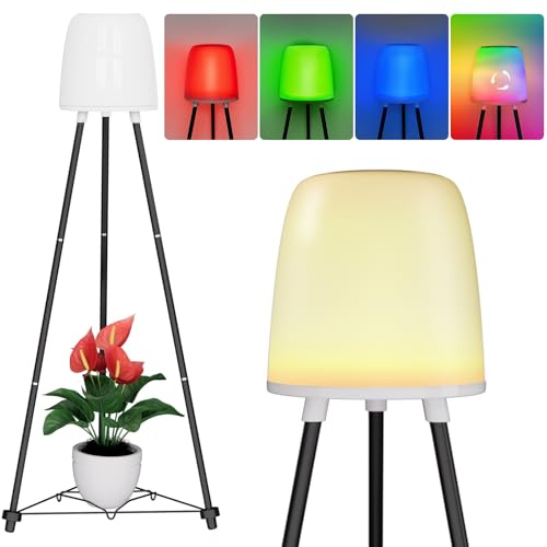 OUSFOT Lampadaire Solaire Exterieur RGB et Blanc Chaud, Étanche Lampe Exterieur sur Pied avec Capteur de Lumière et Trépied, Peut Contenir des Pots de Fleurs, pour Jardin, Cour, Terrasse, Piscine
