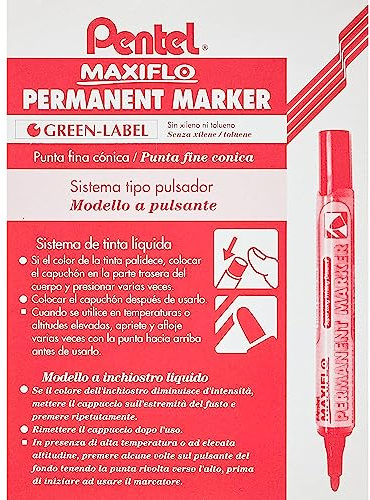 Pentel Maxiflo Permanentmarker, mittlere Rundspitze, Tinte, Rot, 12 Stück