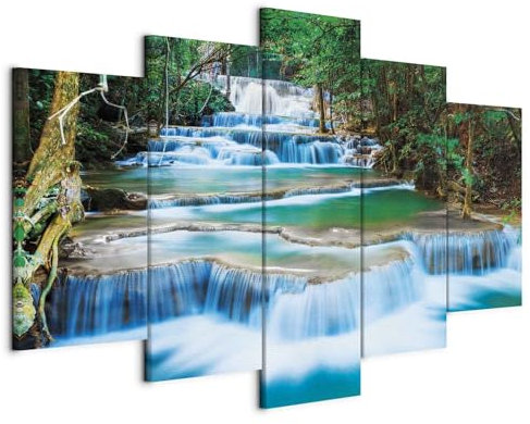 B&D XXL - Quadro Cascata Natura 100x50 5 Pezzi - Stampa su Tela in TNT Tessuta XXL Grande - Quadri Moderni Componibili Camera da Letto Matrimoniale - Stampe da Parete Arte - Alberi blu verd
