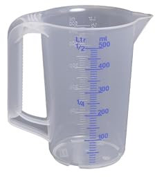 hünersdorff Messbecher 0,5l | Polypropylen (PP) | bruchsicher und spülmaschinengeeignet | geschlossener Griff | blaue Skala, Transparent+blau