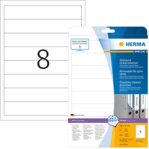 HERMA 10150 Ordnerrücken Etiketten ablösbar kurz schmal, 25 Blatt, 192 x 34 mm, 8 pro A4 Bogen, 200 Stück, selbstklebend, bedruckbar, blickdicht, Papier Ordneretiketten Rückenschilder Aufkleber, weiß