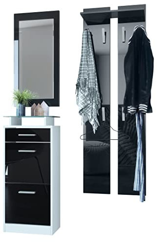 Vladon Garderobenset Garderobe Loret V2 Mini, Korpus in Weiß matt/Front in Schwarz Hochglanz