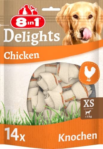 8in1 Delights Chicken Knochen XS - gesunde Kauknochen für mini Hunde, hochwertiges Hähnchenfleisch eingewickelt in Rinderhaut, 14 Stück