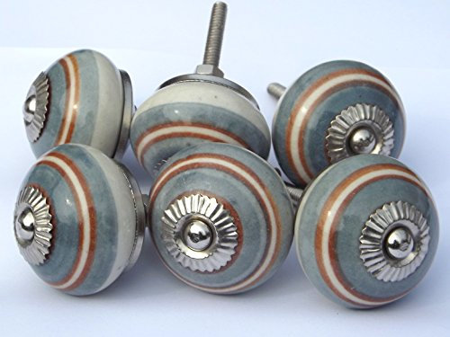 6 x White Round with Brown & Grey Rings (Chrome Fittings) Ceramic Cupboard Door knobs Drawer pulls