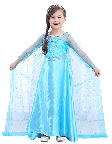 URAQT Reine des Neiges Elsa Costume et Accessoires Gants Couronne Baguette Tresse Robe Longue Deguisement pour Fille, Tz20-lyq-003, Taille 110 pour les 3-4 ans