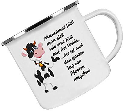 Crealuxe Emaille Tasse Manchmal fühlt man sich wie eine Kuh auf der Weide... - Kaffeetasse mit Motiv, Campingtasse, bedruckte Emailletasse mit Wunschtext
