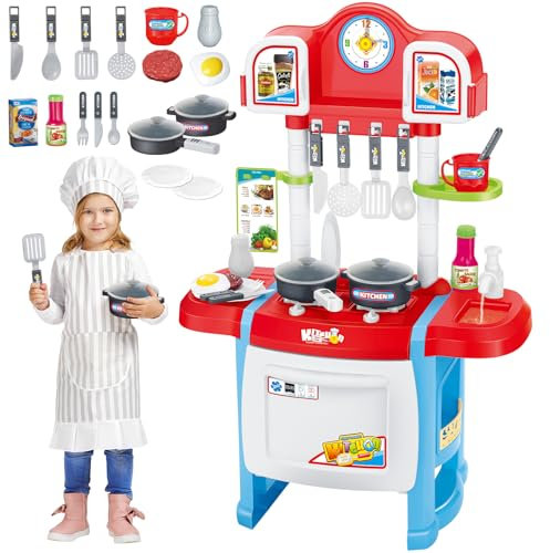 deAO My Little Chef Jeu de rôle Miniature avec lumière et Son,Cuisine Enfant 18 Accessoires,Cuisinière évier Réfrigérateur Cuisine Jouet Cadeaux pour Garçons et Filles,ustensiles de Cuisine Enfant