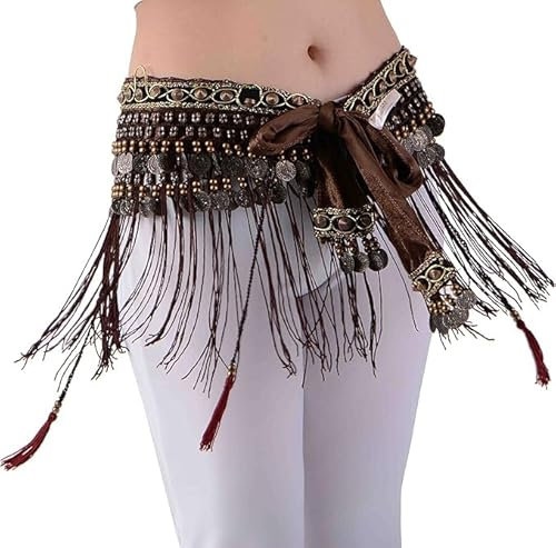Wuchieal Bauchtanz Hüfttuch Bauchtänzerin Tribe Style Gürtel Quaste Hüfttuch Samt Taille Kostüm (Braun, One Size)