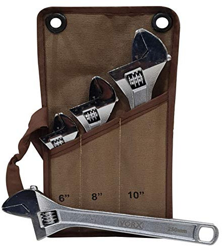 VORX 3pc CRV Adjustable Wrench Adjustable Spanner 3pc Adjustable Plumbing/Shifting Spanner (6”, 8”, 10”) Chrome Vanadium Steel Chrome Plated, 150mm, 200mm,250mm, Set in Canvas Storage Pouch