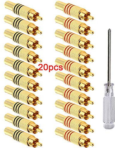 Aiqeer 20 Stück RCA Männlich Steckverbinder, Vergoldeter Lautsprecher Audio/Video RCA Stecker, Lötfreier RCA Männlich Stecker