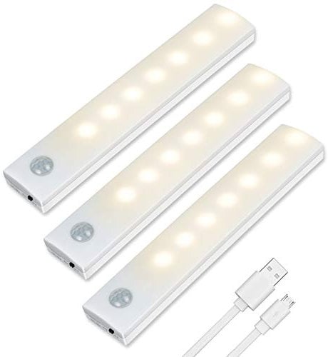 Vicloon LED Sensor Licht, 3 Stück Wiederaufladbar Warmweiß Schranklicht mit Bewegungsmelder & Magnetstreifen, LED Schrankbeleuchtung für Küche, Kleiderschrank, Treppe, Schublade, Dachboden, Flur…