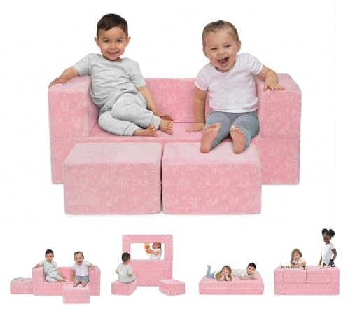 Delta Children Serta Perfect Sleeper Convertible Sofa & Play Set for Kids and Toddlers, Modular Foam Couch and Flip Out Lounger with 2 Ottomans, Pink